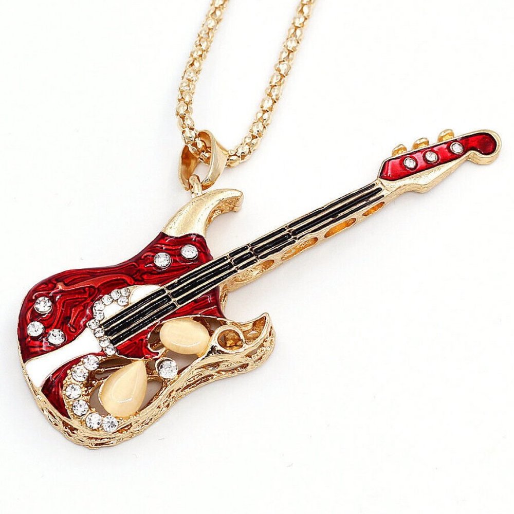 Music Lovers! Electric GUITAR Red & White Enamel & Rhinestone Pendant Necklace - Picture 5 of 8